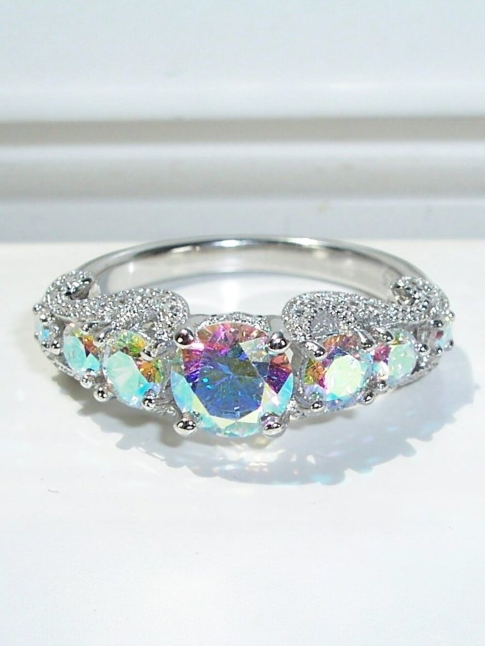 925 STERLING SILVER Aurora Borealis Cubic Zirconia Ring Round Cut